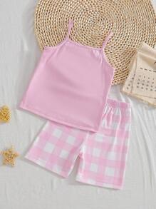 2pcs Young Girl Casual Cloud Print Camisole Top And Shorts Set, Pink Comfortable And Fashionable Homewear