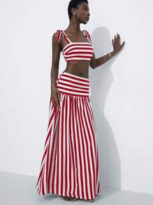Aveloria Modichic Bộ 2 chiếc áo crop top sọc không dây thanh lịch dành cho nữ đi biển thời trang mới có nơ + chân váy xẻ cạp cao - Đỏ - Xem 6