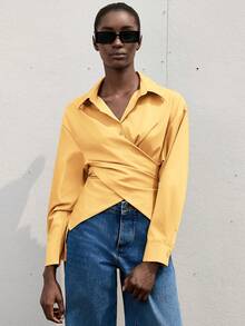 GENKIRA Áo sơ mi công sở Solid Criss Cross Quấn Phía Trước - trái cam - Xem 5