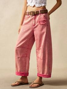Bohemela Women's Casual Vacation Denim Harem Pants Acid Wash Pink Jeans Pink Baggy Jeans - Red - View 6