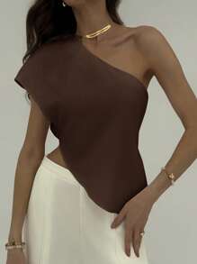 Aloruh 女士优雅纯色不对称上衣，夏季度假不对称肩部性感办公休闲上衣 - 棕色 - 查看 5