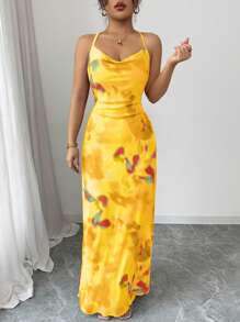 Elenzga 前褶领印花女式长款吊带裙 - 黃色 - 查看 6