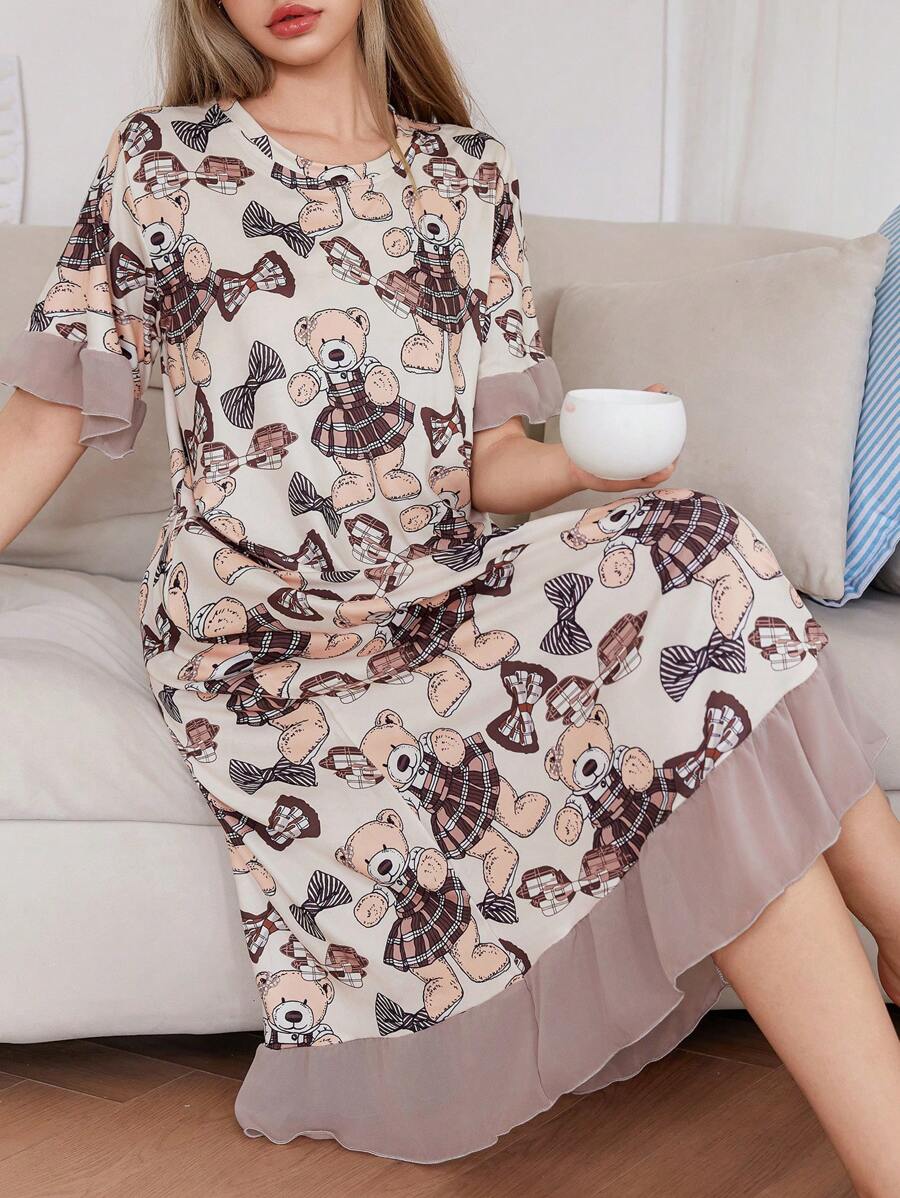SHEIN Cartoon Bear Print Flounce Hem Women Casual Nightgown For Women Summer, Moo Moo - Multicolor - View 1