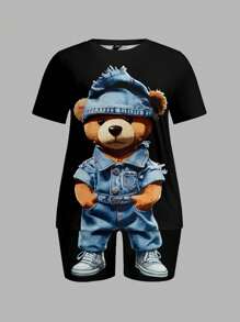 Slaydiva 2 Paquetes de Conjunto de Camiseta de Manga Corta y Pantalón Corto de Efecto Vaquero con Estampado Lindo de Oso en Talla Grande para Damas, Informal de Verano