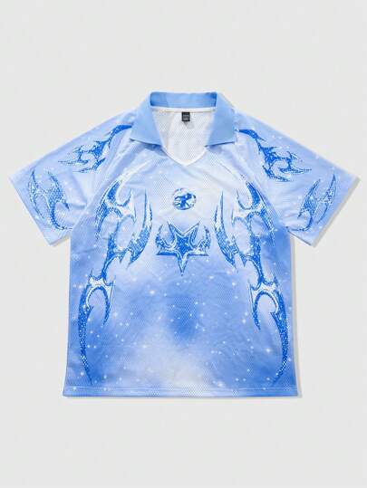 Street Life Men's Polo Shirt With American Street Design Pattern And English Print, Designed As Boston Team's Light Blue Short Sleeve Sports Jersey