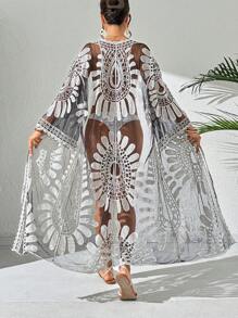 Swim Vcay Women's Floral Print Sheer Kimono Cover Up, Loose Fit, Vacation Style For Summer - Black and White - View 1