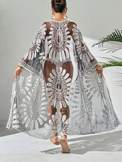 Swim Vcay Women's Floral Print Sheer Kimono Cover Up, Loose Fit, Vacation Style For Summer