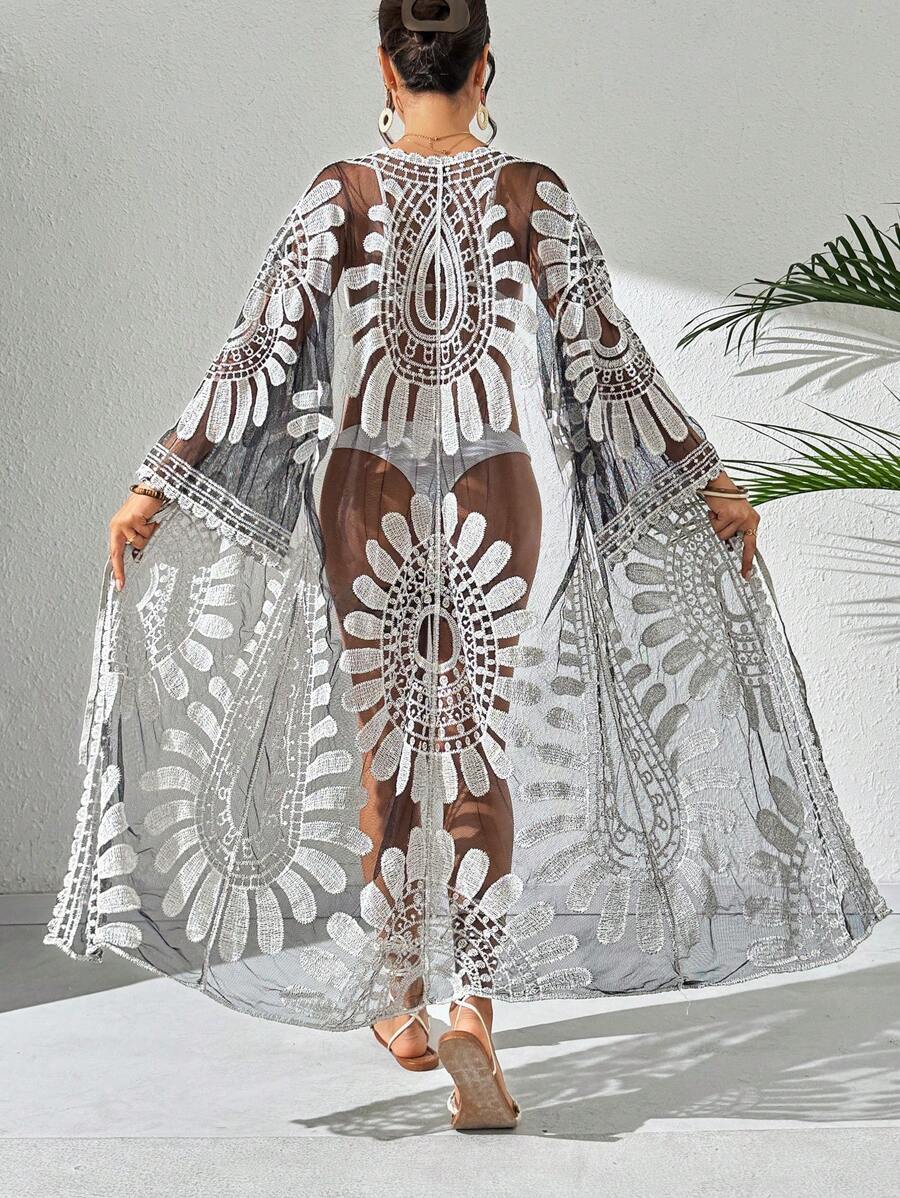 Swim Vcay Women's Floral Print Sheer Kimono Cover Up, Loose Fit, Vacation Style For Summer - Black and White - View 1