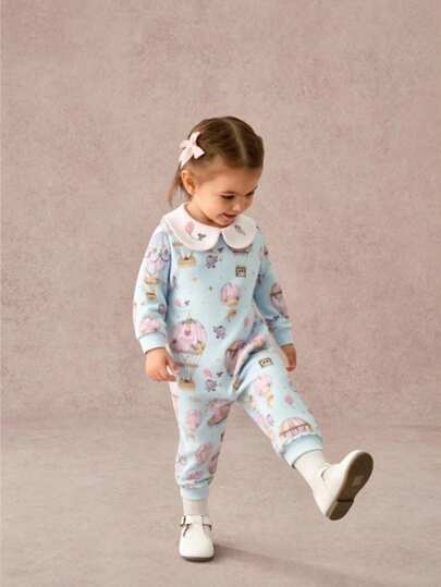 SHEIN Baby Girls Autumn/Winter Cute Peter Pan Collar Rose Flower Elephant Hot Air Balloon Pattern Textured Stripe Fabric Jumpsuits, Suitable For Both Indoor And Outdoor Wear, Soft And Comfortable Fabric, Blue Jumpsuit