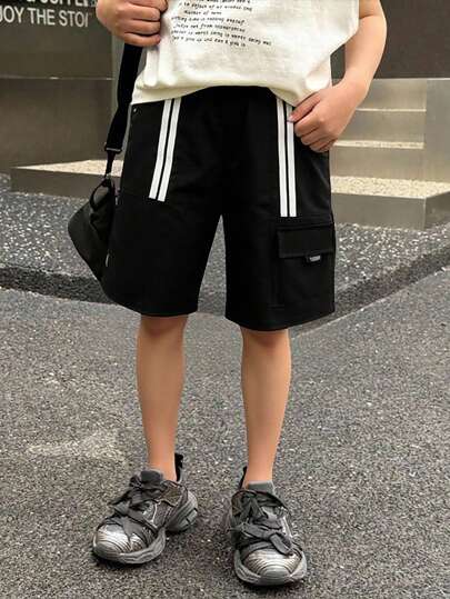 Tween Boy Energetic New Patch Loose Shorts, Featuring Multi-Directional Webbing Patchwork Design And Contrast Pocket, Vibrant Visual, Suitable For Casual Beach, Party, Hangout, Activity