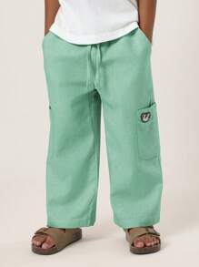 SUMWON Pull On Wide Leg Linen Trousers Casual Drawstring Pants Loose Fit Cargo Style Kids Summer Holiday Wear - Green - View 1