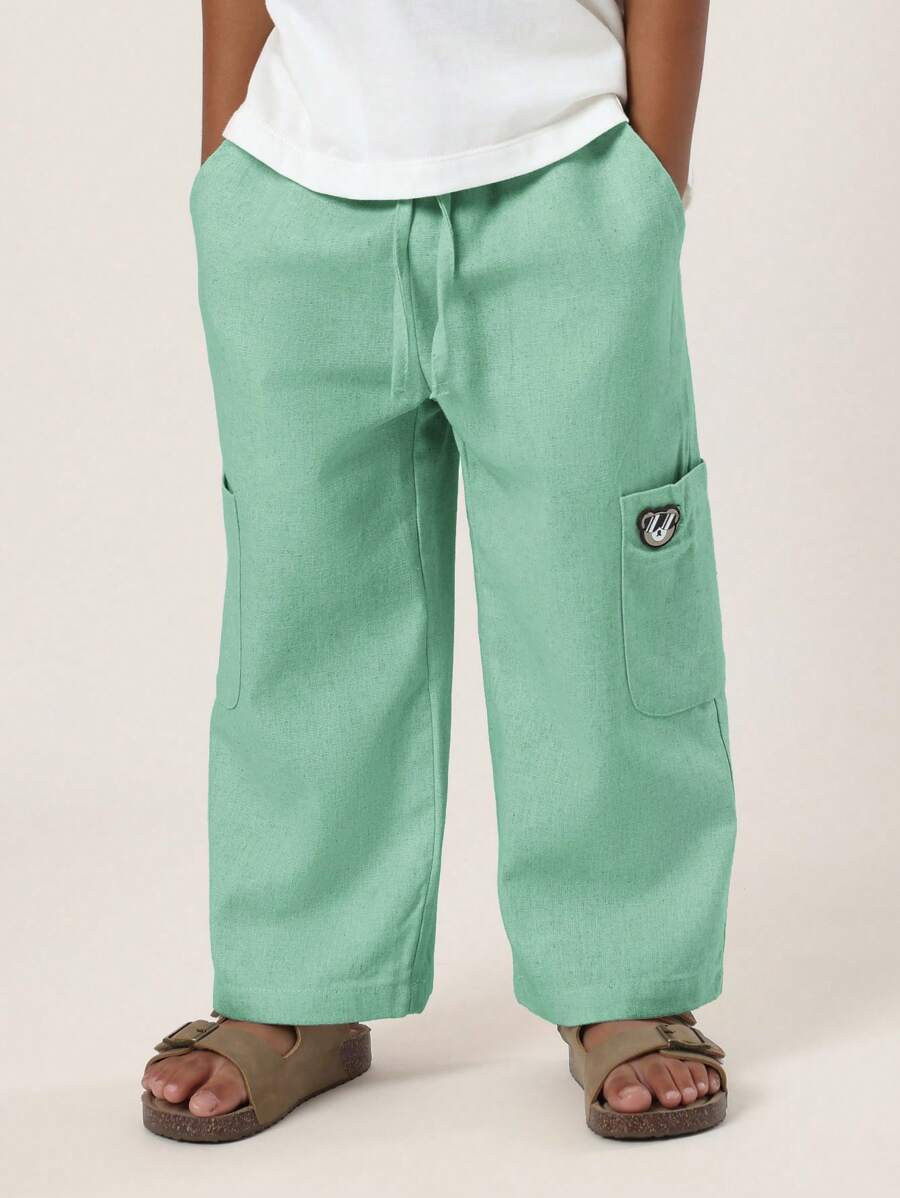 SUMWON Pull On Wide Leg Linen Trousers Casual Drawstring Pants Loose Fit Cargo Style Kids Summer Holiday Wear - Green - View 1
