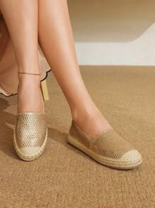 Styleloop Women's Woven Rope Platform & Wedge Slip-On Shoes, Boho Style, Retro American Western Music Festival Party Outfit, Thick Sole - Gold - View 4