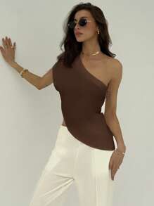 Aloruh 女士优雅纯色不对称上衣，夏季度假不对称肩部性感办公休闲上衣 - 棕色 - 查看 6