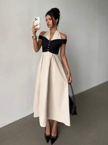 Siren Gaze Women's Contrast Color Splice Halter Neck A-Line Dress Midi Dress Off The Shoulder Dress Halter Dress Casual Dress French Dress Office Outfits For Women Teacher Outfits For Women