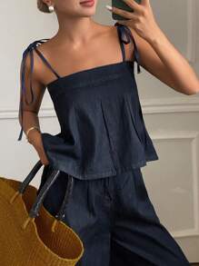 Livesso 女士夏季吊带荷叶边下摆宽松休闲牛仔裤套装，返校服 - 藍色 - 查看 4