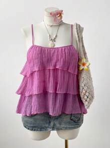 Sweetra Plus Size Casual Daily Solid Color Pleated Ruffle Hem Camisole Top For Women - Pink - View 1
