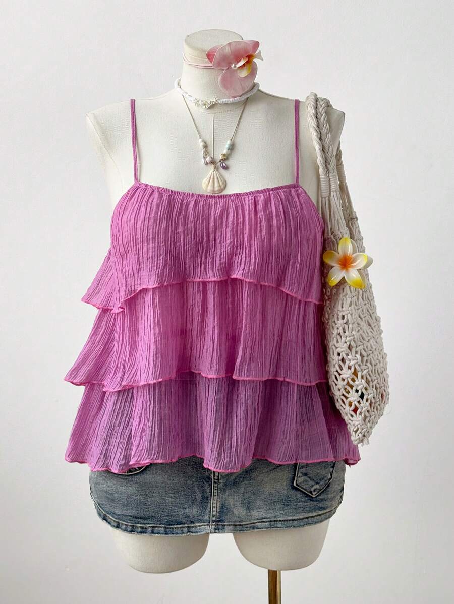 Sweetra Plus Size Casual Daily Solid Color Pleated Ruffle Hem Camisole Top For Women - Pink - View 1