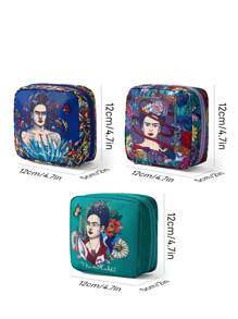 Frida Kahlo X SHEIN 1 pieza Bolsa de almacenamiento con diseño gráfico floral y de figura de artista, que se puede usar como bolsa de almacenamiento de higiene femenina, bolsa de almacenamiento digital, bolsa de almacenamiento de artículos pequeños, artística y elegante