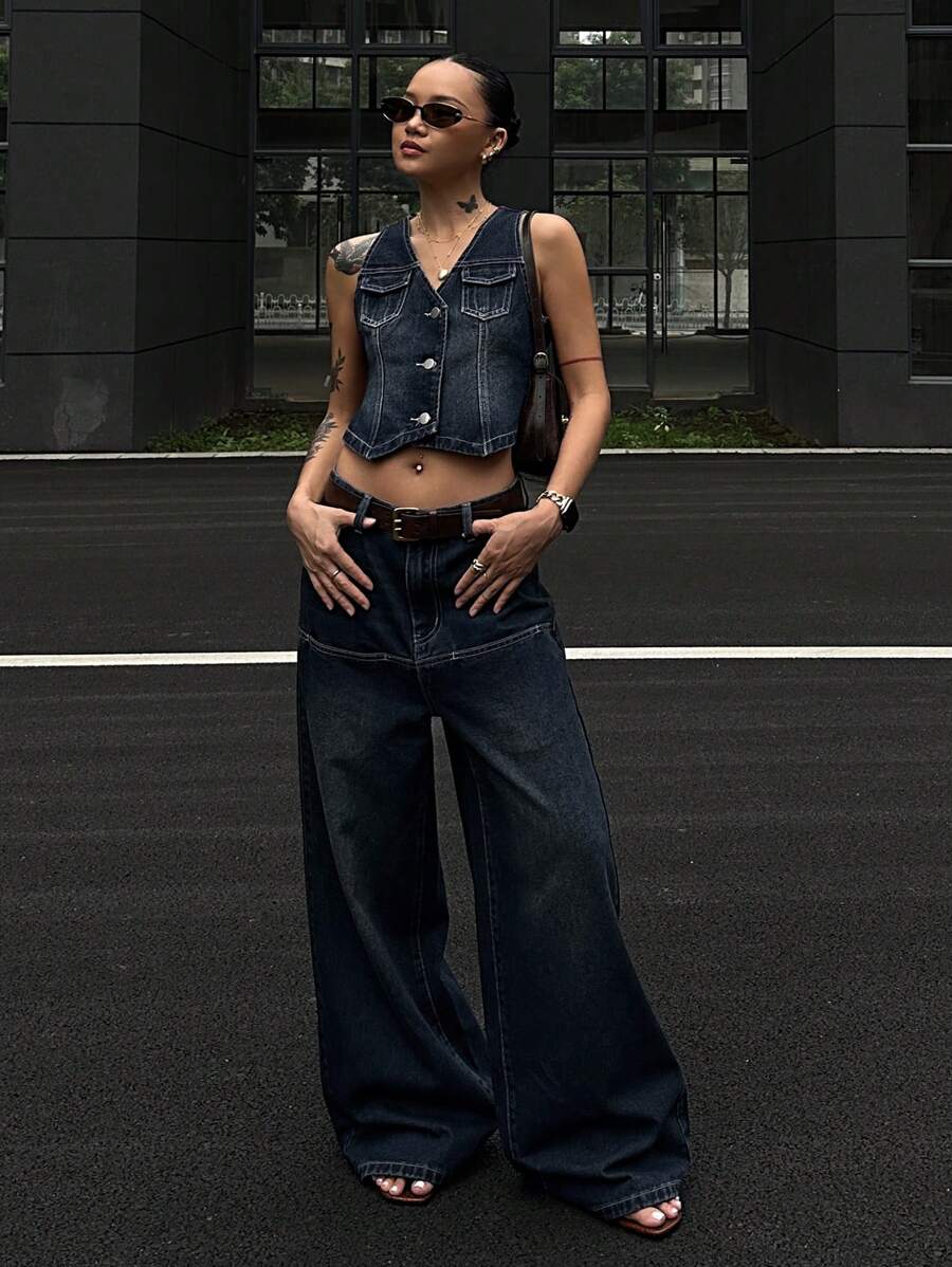 DAZY Women's Denim Vest And Pants 2-Piece Set, Spring/Summer - Navy Blue - View 1