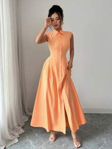 Elenzga 新款女式无袖领口连衣裙，手工腰部褶饰，休闲度假/通勤装，百搭修身优雅开襟连衣裙 - 橘色 - 查看 5