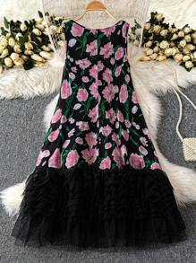 SHEIN LUNE 大码女式无袖浪漫印花花卉荷叶边下摆连衣裙，度假风格 - 黑色 - 查看 2