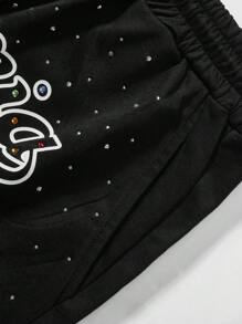 ROMWE MEN Street Life Men's Black Casual Shorts With Street Chic American Style Sparkling Letter Printed - Black - View 6