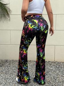 Flirla Black Glow-In-The-Dark Paint Splash Casual Flare Pants - Multicolor - View 2
