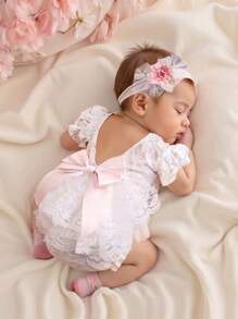 SHEIN Newborn Girl Lace Romper Set For Photoshoot Pink Ribbon Bow Romper Newborn Photo Props Infant Photography Outfit - White - View 2