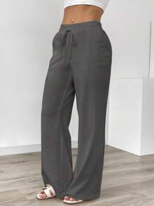 SHEIN PETITE Pantalones de lino casuales y elegantes para vacaciones de mujer - Gris Oscuro - Ver 4