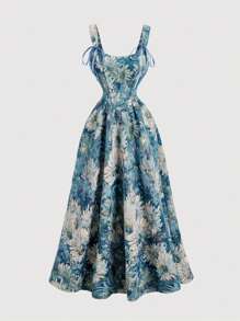 SHEIN MOD 法式浪漫花卉印花蝴蝶结装饰无袖连衣裙