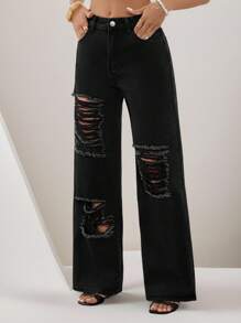 EMERY ROSE Women's Pocket Ripped Flare Loose Casual Versatile Jeans