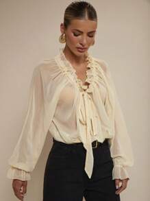 COSMINA 女士简约优雅系带衬衫，波西米亚风，波西米亚风 - 米色 - 查看 5