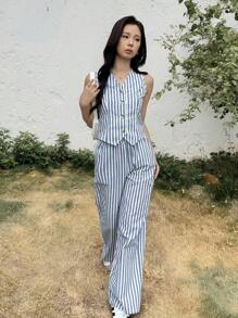 SHEIN Conjunto de Regata e Calça Assimétrica com Decote em V Listrado, Casual para Adolescentes, Confortável e Minimalista
