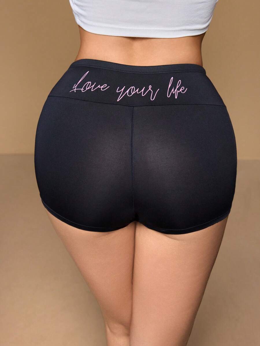 休闲百搭标语印花短裤 - 黑色 - 查看 1