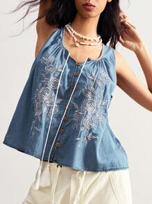 Bohemela Boho Denim Country Style Vintage Casual Western Cowboy Rose Embroidered Pattern Woven Denim Vest Boho Tops For Women