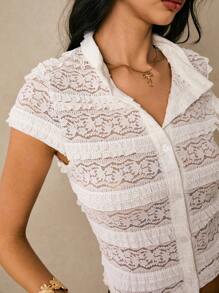 Poéselle 女士优雅纯色蕾丝前扣T恤，夏季