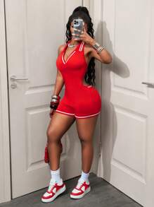 BamGleam 女士性感露背吊带连体裤 - 紅色 - 查看 6