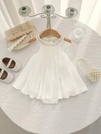 Bodys elegantes y lindos sin mangas con pliegues y perlas para bebés niñas recién nacidas, versátil para el verano