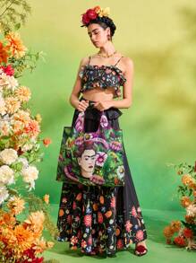 Frida Kahlo X SHEIN 1 pieza Bolsa de la compra plegable de poliéster con impresión de personaje de artista, bolso de mano, equipada con una pequeña bolsa de almacenamiento con una cadena de cuentas, se puede colgar en un bolso, Florecer, Flor, Artístico, Elegante