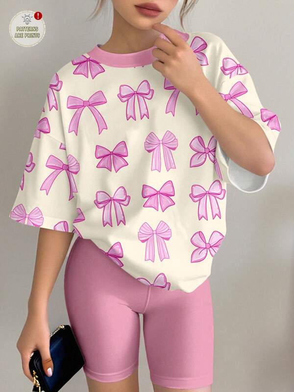 SHEIN Set de 2 piezas con camiseta de manga corta holgada y estampado de lazos, y pantalones cortos, estilo casual y minimalista de moda para adolescentes, apto para verano, actividades al aire libre y deportes