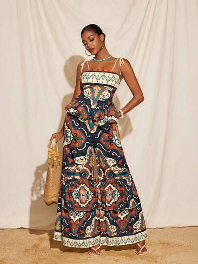 JIAN LASALA Boho All-Over Printed Elastic Waist Layered Ruffled Hem Wide-Leg Pants Women Vacation Woman S Summer Clothes Women Summer Clothing Beach Vacation Outfits European Summer Going Out Hawaii Outfits Women Ankara Pants Resort Wear Rave Outfits Festival Vintage Homecoming SXY Brown Pants Khaki Pants Fall Outfits Women Fall Outfits Wide Leg Pants Country