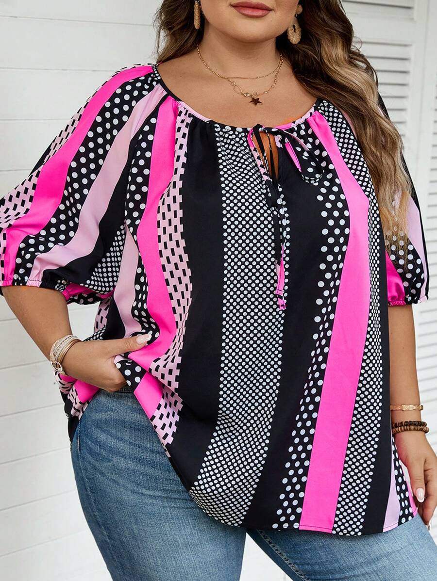 SHEIN CURVE+ Blusa plus size casual listrada em blocos de cores para férias de verão/campo/praia. - Multicolorido - Ver 1