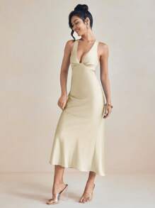 Amiko Spring Summer Bias Drape Satin Slip Dress With Tie Back Women Elegant Dress Vacation Wedding - Light Yellow - View 7