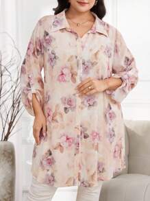 Veilorie Koszula damska jednorzędowa, swobodna, w stylu arabskim, z nadrukiem kwiatowym, w dużym rozmiarze, na lato