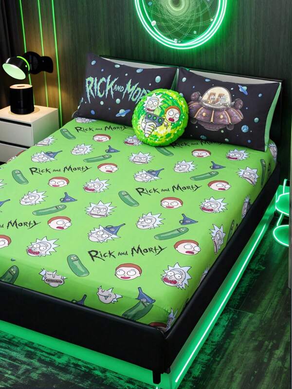 Rick and Morty X SHEIN 1pc Cartoon Cucumber Pattern Green Fitted Fitted Sheet, Soft Breathable And Warm Material, Suitable For Different Bed Sizes
