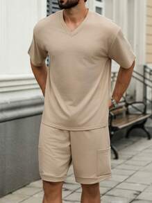 Manfinity Homme 男士夏季休闲纯色短袖T恤和短裤套装