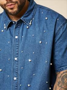 EASEVO Plus Size Men Casual Denim Shirt With Pearl Decor, Suitable For Summer