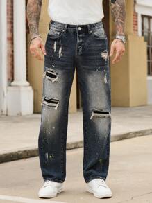 Manfinity Roughcore Men's Distressed Ripped Denim Jeans Casual Modern Style With Paint Splatter Detail And Zipper Fly - Blue - View 7