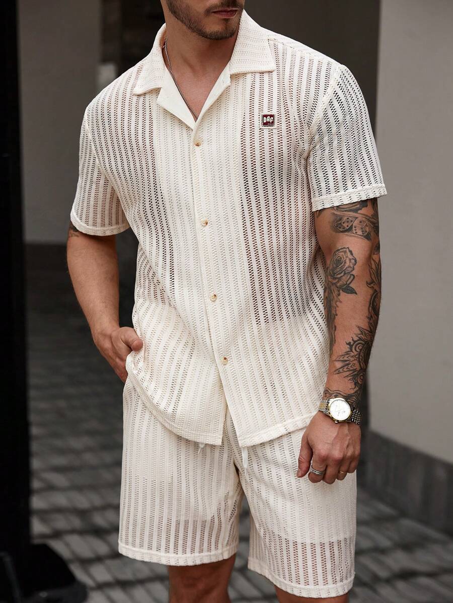 Manfinity Homme 男士夏季休闲纯色镂空衬衫短裤套装男两件套夏季男士条纹纽扣衬衫短裤套装男装套装,男士高端棕色纹理领短袖纽扣开衫衬衫短裤套装 - 米色 - 查看 1